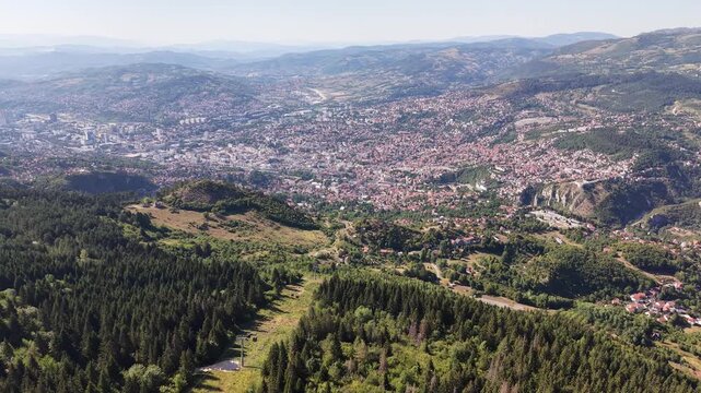 Aerial View of Sarajevo City Valley and Cable Car Route from Trebevic Mountain