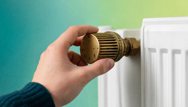 Hand adjusting a radiator thermostat valve to control home heating and energy efficiency.