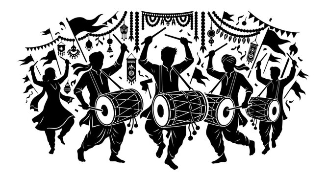Black silhouette of people dancing and playing dhol drums during traditional
