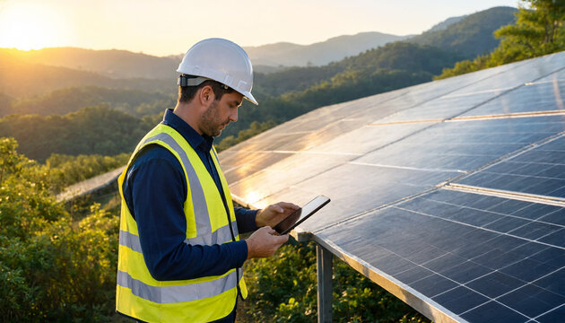 Engineer inspecting solar panels with tablet at sunset for renewable energy maintenance.