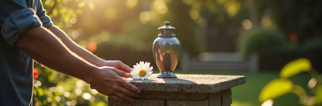 Memorial urn with flowers on stone table in serene garden, commemorating loved ones in peaceful nature setting. Remembrance ritual includes urn and flower, fostering connection for honoring memories.