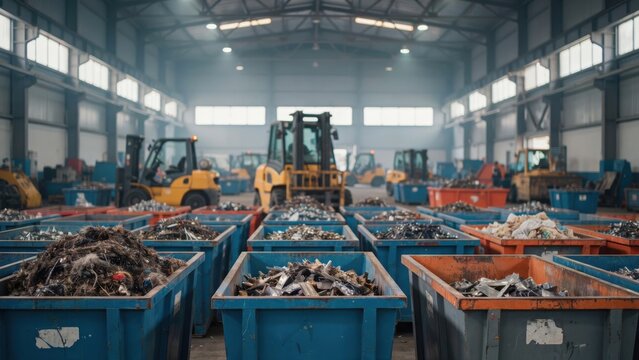 Industrial metal recycling warehouse filled with scrap metal containers and forklifts. Ideal for manufacturing and waste management industry backgrounds.