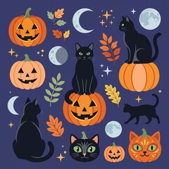 Fototapeta premium generative AI content of halloween seamless pattern with pumpkins and cats
