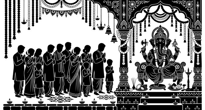 Ganesha puja silhouette vector illustration with family worshipping deity