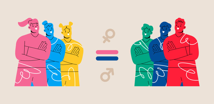 Gender equality, equal rights for everyone in work and business, man versus woman. Colorful vector illustration