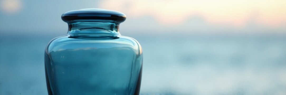 Elegant cremation urn with serene blue glass reflecting sunlight on a tranquil ocean background. This distinctive cremation urn symbolizes remembrance,