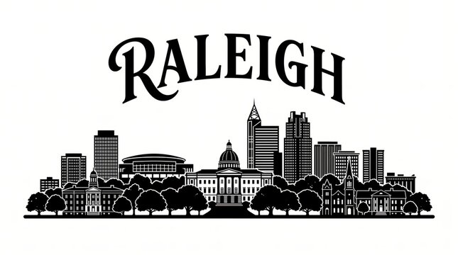 Highly detailed Raleigh, North Carolina skyline silhouette featuring the North Carolina State Capitol, downtown towers, Raleigh Convention Center, arena-inspired architecture, tree-lined Southern city