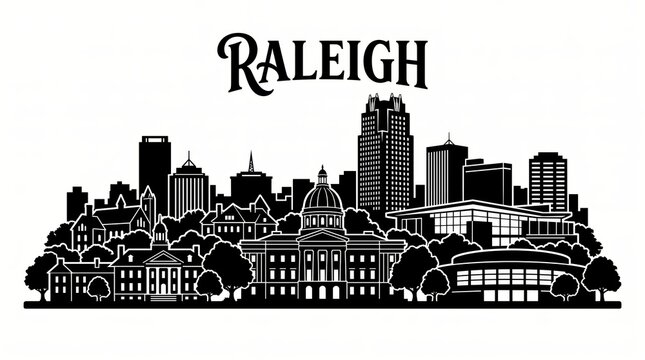 Highly detailed Raleigh, North Carolina skyline silhouette featuring the North Carolina State Capitol, downtown towers, Raleigh Convention Center, arena-inspired architecture, tree-lined Southern city