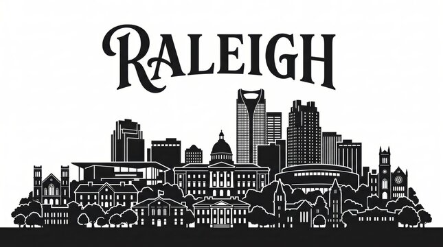 Highly detailed Raleigh, North Carolina skyline silhouette featuring the North Carolina State Capitol, downtown towers, Raleigh Convention Center, arena-inspired architecture, tree-lined Southern city