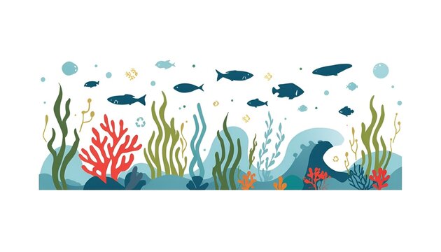 Underwater ocean scene with various fish swimming among colorful coral reef and seaweed plants marine life sea floor white background underwater wildlife tropical environment
