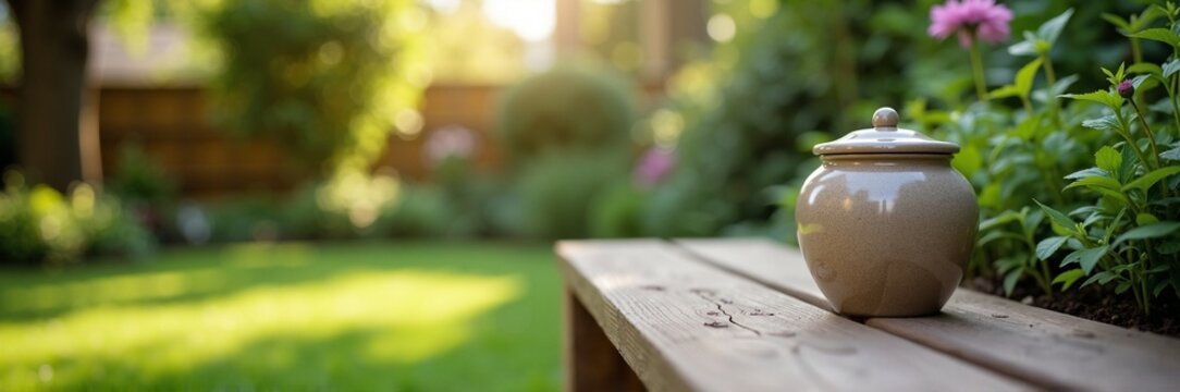 Remembrance urn placed on wooden bench surrounded by vibrant garden flowers and lush green grass. This urn symbolizes love and memory, creating a serene atmosphere for farewell ceremonies.