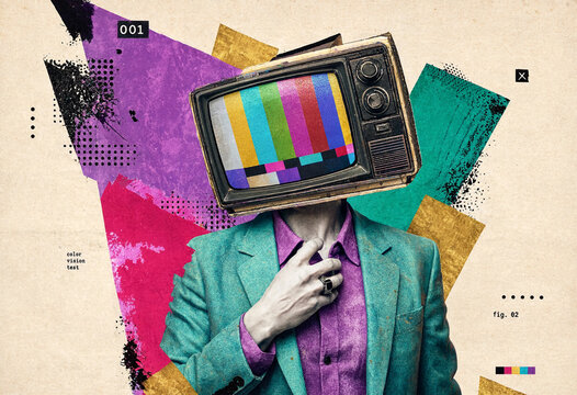 Surreal collage art with a person wearing a vintage television head and colorful background.