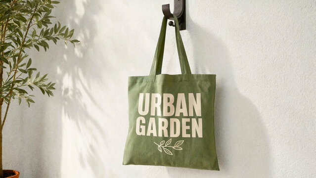 Green canvas tote bag with Urban Garden print hanging on a wall hook