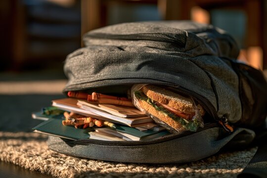 School backpack filled with books, crayons, and a sandwich ready for learning
