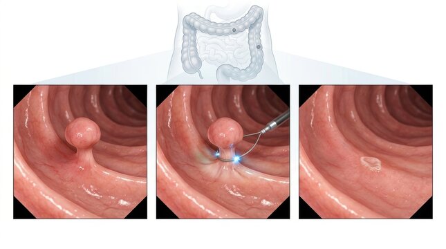 Colonoscopy procedure showing polyp removal with a snare and cauterization