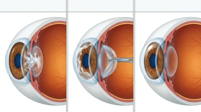 Cataract surgery illustration showing lens removal and replacement with an artificial lens