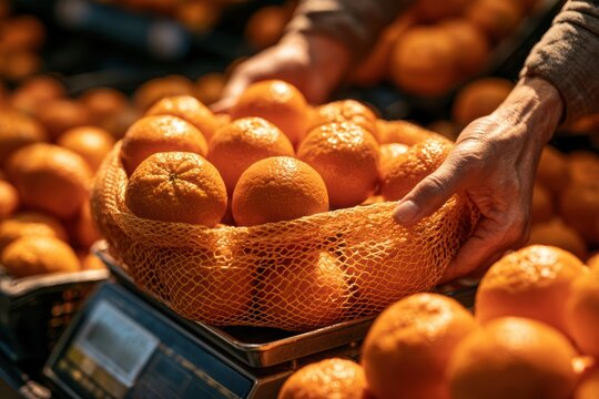 Hands placing a mesh bag of oranges on a grocery scale for purchase