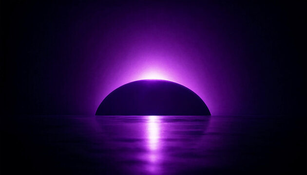 Abstract purple glowing dome with reflection on dark background for futuristic design.