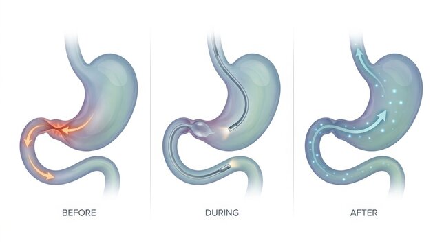 Medical illustration showing gastric balloon procedure for weight loss before, during, and after