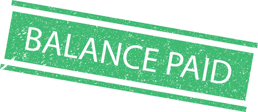 Green ink rubber stamp mark with the words balance paid on a plain clean surface