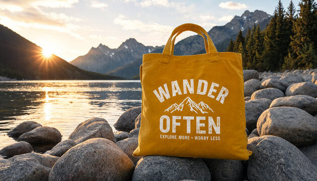 Yellow canvas tote bag with mountain print on rocky lakeside at sunset