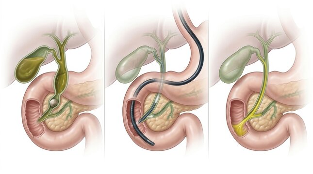 Illustration of ERCP procedure for gallstone removal from bile duct