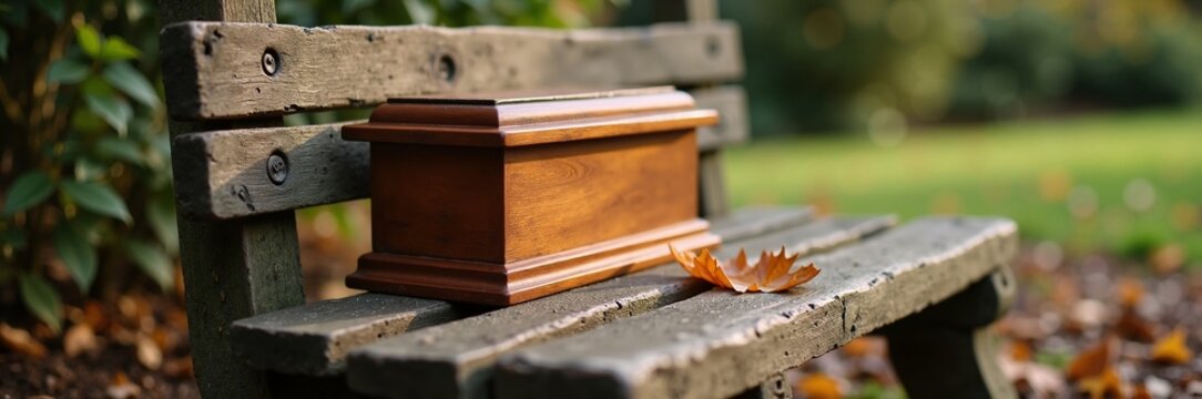 Remembrance urn on wooden bench surrounded by autumn leaves, presenting a peaceful farewell setup for treasured loved ones.