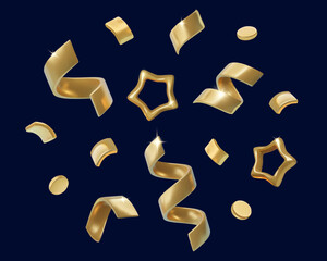 Naklejka premium Golden luxury confetti 3d collection with shining curly ribbons, stars and glitter isolated on dark background. Winner celebration, party, birthday, holiday design elements. Vector illustrations set.