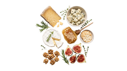 Fototapeta premium Gourmet cheese platter assortment, artisanal charcuterie board ingredients with figs and honey, rustic appetizer snack set isolated PNG with Transparent Background