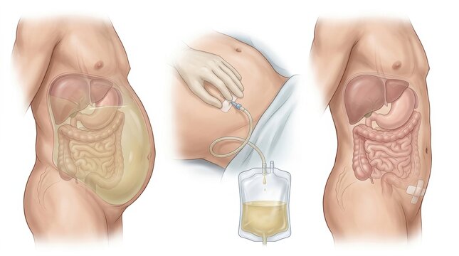 Medical illustration showing abdominal fluid drainage procedure and its results