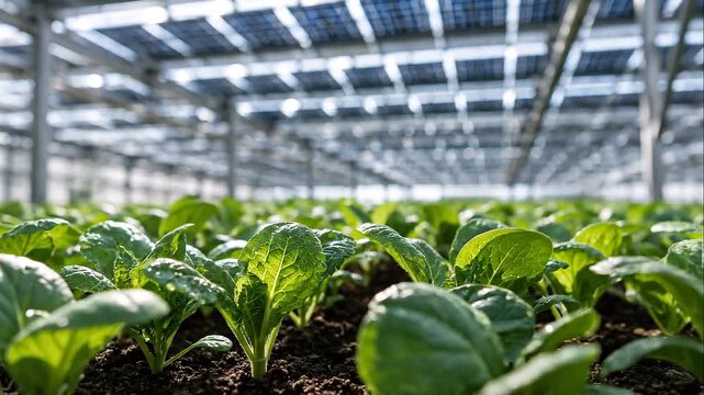 Solar greenhouse vegetable plants in bright glass house with green leaves, rich soil, fresh growth and sunlight