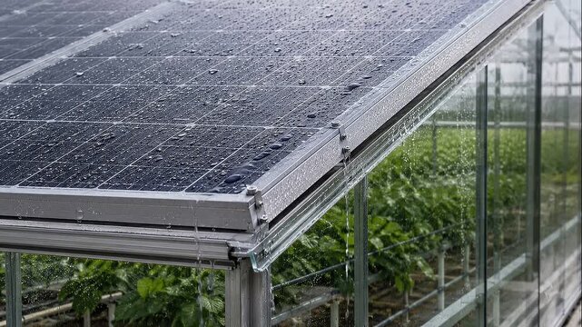 Solar greenhouse rooftop panel rain water drop energy farm, rain solar panel roof over greenhouse with green plant rows and glass structure