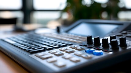 Fototapeta premium Professional audio visual control panel with knobs and buttons on a desk in a modern office setting