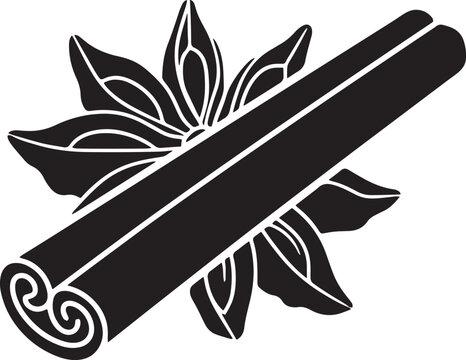 Aromatic star anise and cinnamon stick silhouette for winter beverage flavoring and festive baking ingredient graphic element.