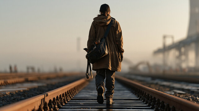 Railroad maintenance worker in early morning mist walks along tracks from a child's low viewpoint, her tool bag slung over one shoulder, boots stepping over ties rhythmically, fog