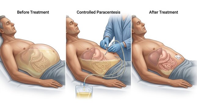 Medical illustration showing paracentesis procedure to relieve abdominal fluid buildup