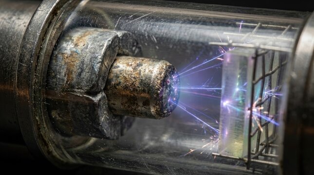 Electronic vacuum device, producing visible electromagnetic radiation, emitting bright energetic light, creating dynamic electrical sparks, showing intricate internal components.