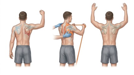 Obraz premium Illustration of shoulder muscles and physical therapy exercises for rotator cuff rehabilitation