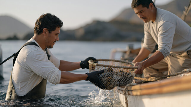 Pearl diver emerging from water along a rocky coastal shore, reaching over the shoulder to hand a mesh net of oysters to a colleague waiting on a sun warmed boat hull, the outdoor
