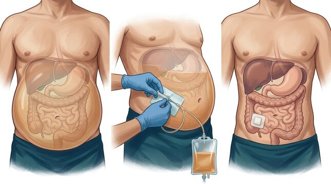 Medical illustration showing peritoneal dialysis fluid exchange in a human abdomen