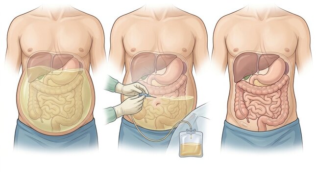 Medical illustration showing abdominal fluid drainage procedure for ascites treatment
