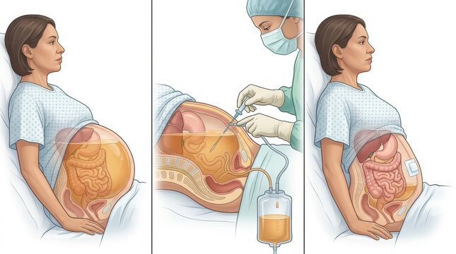 Illustration of ascites fluid drainage procedure in a patient