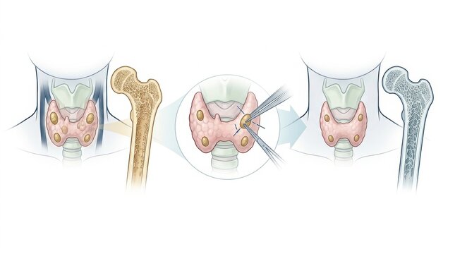 Illustration of parathyroid glands and their effect on bone density over time