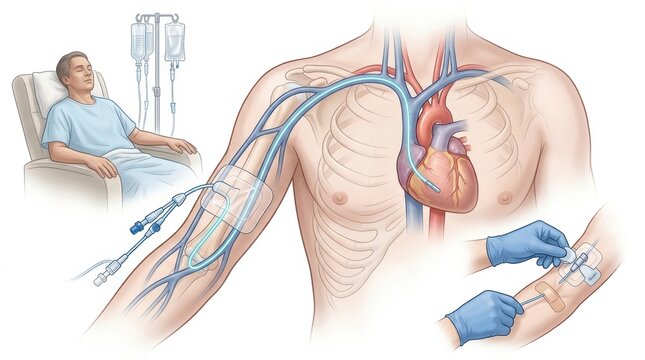 Central venous catheter insertion procedure and placement near the heart