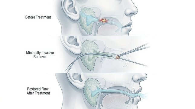 Illustration of minimally invasive salivary gland stone removal procedure