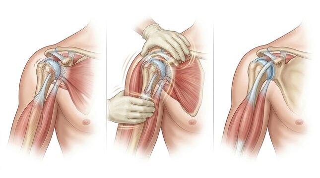 Medical illustration showing the anatomy and manipulation of a dislocated shoulder joint