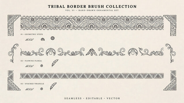 Hand drawn tribal border brush collection with geometric patterns isolated on a transparent background