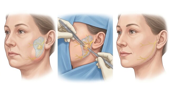 Illustration of parotid gland surgery showing tumor removal and nerve preservation