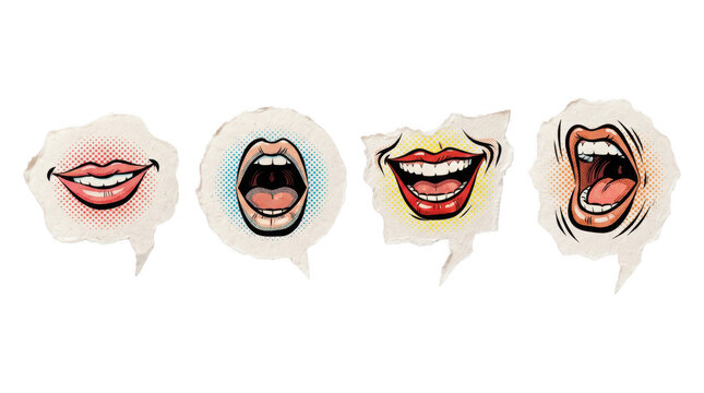 Set of pop art comic style mouths showing various expressions and laughter as isolated object