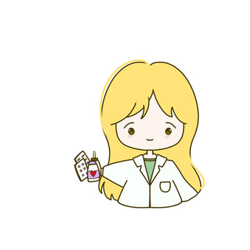 Adorable Chibi Illustration of Pharmacist little girl holding medicine PNG transparent - Yellow